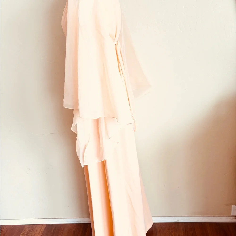 Vintage 1970s Peach Angel Wing Sleeve Deep V-neckline Empire Waist Maxi Dress - Picture 14 of 15